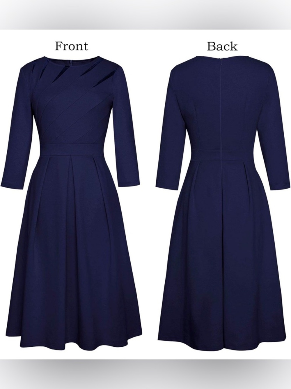 Classic Navy Fit-and-Flare Dress with Three-Quarter Sleeves